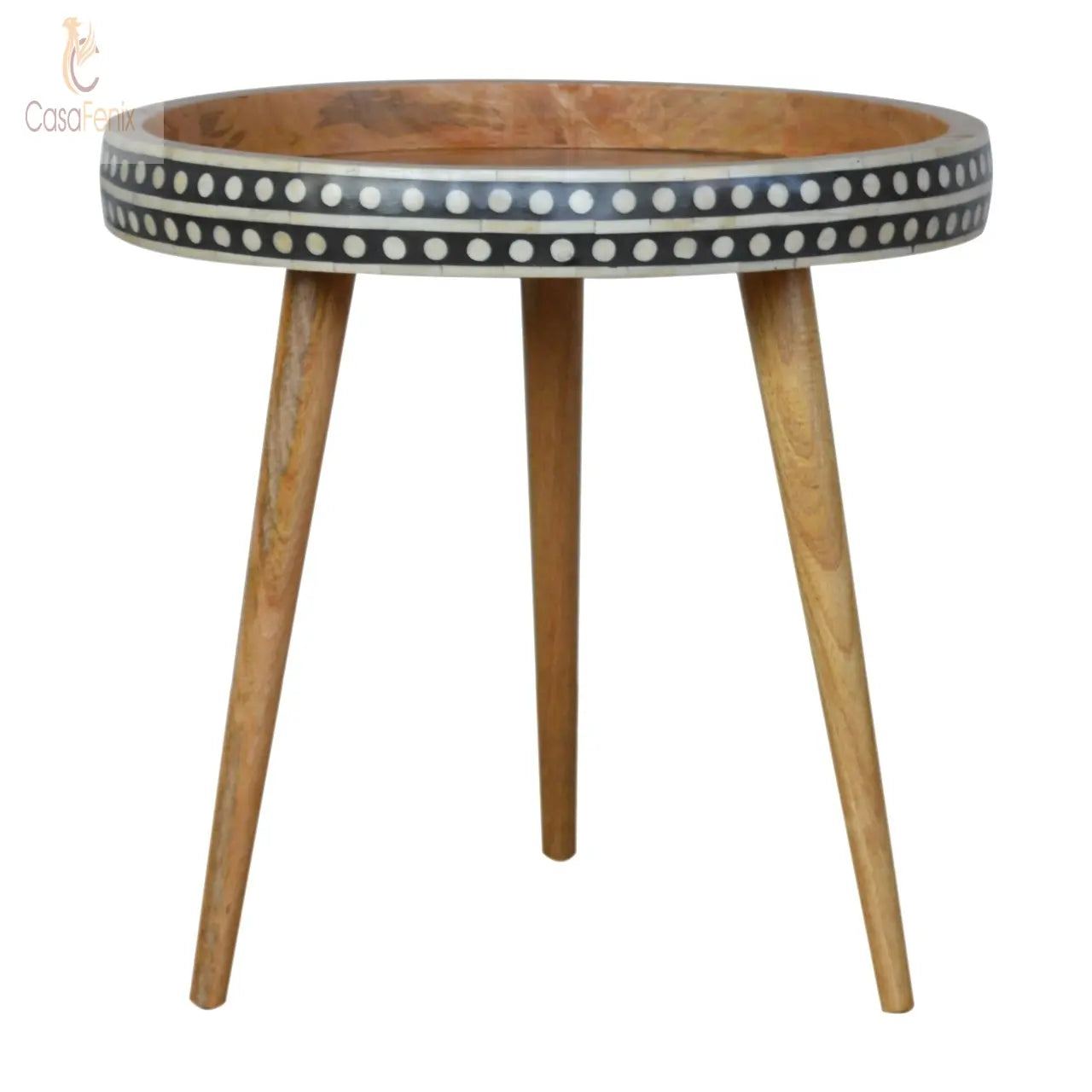 Large Patterned Nordic Style End Table Bone Inlaid Oak-Ish Finish Solid Wood - CasaFenix