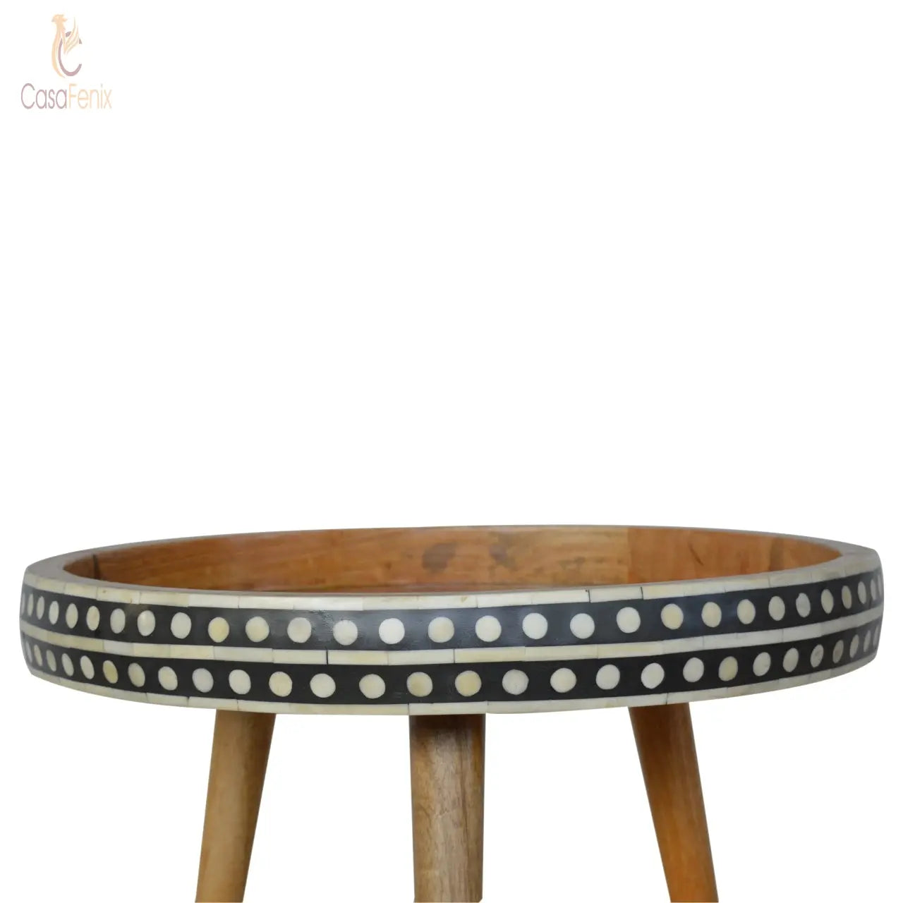 Large Patterned Nordic Style End Table Bone Inlaid Oak-Ish Finish Solid Wood - CasaFenix