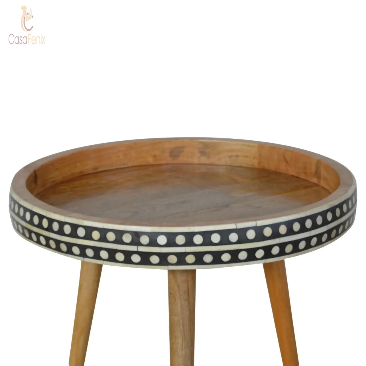 Large Patterned Nordic Style End Table Bone Inlaid Oak-Ish Finish Solid Wood - CasaFenix