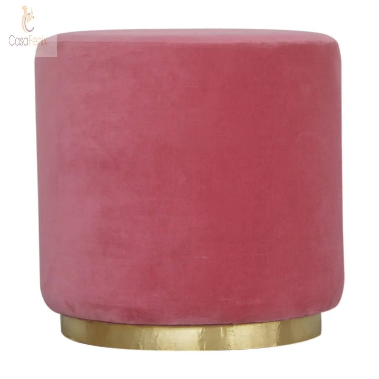 Large Pink Velvet Upholstered Footstool with Gold Base - CasaFenix