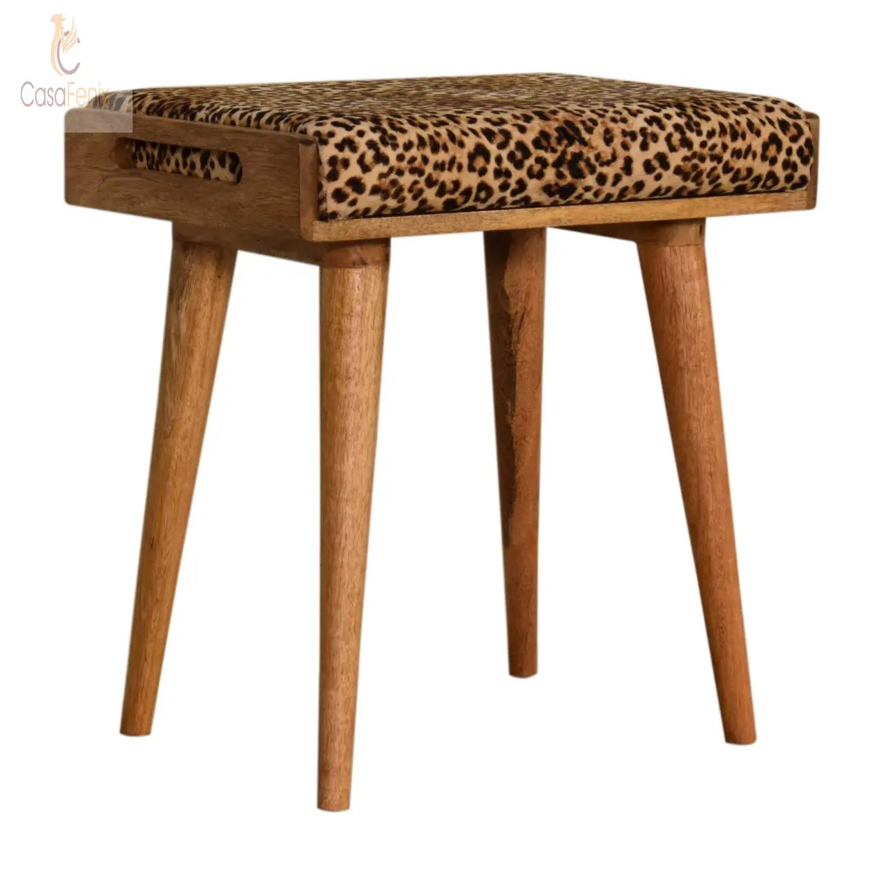 Leopard Animal Print Solid Mango Wood Velvet Tray Style Footstool Nordic Style - CasaFenix
