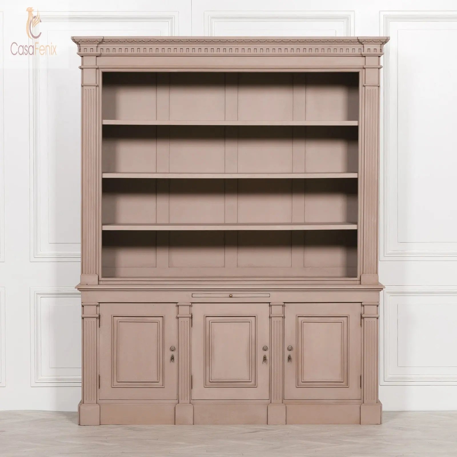 Light Taupe Painted 3 Shelf Bookcase Display Cabinet Mahogany frame - CasaFenix