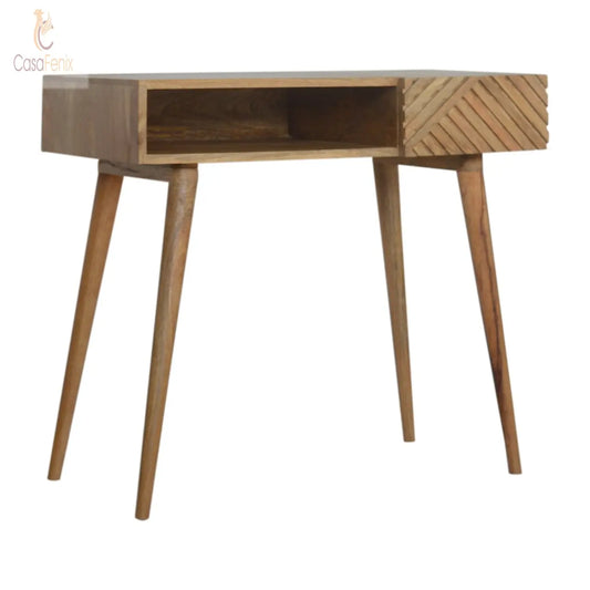 Line Carving Writing Desk 100% solid mango wood in an oak-ish finish - CasaFenix