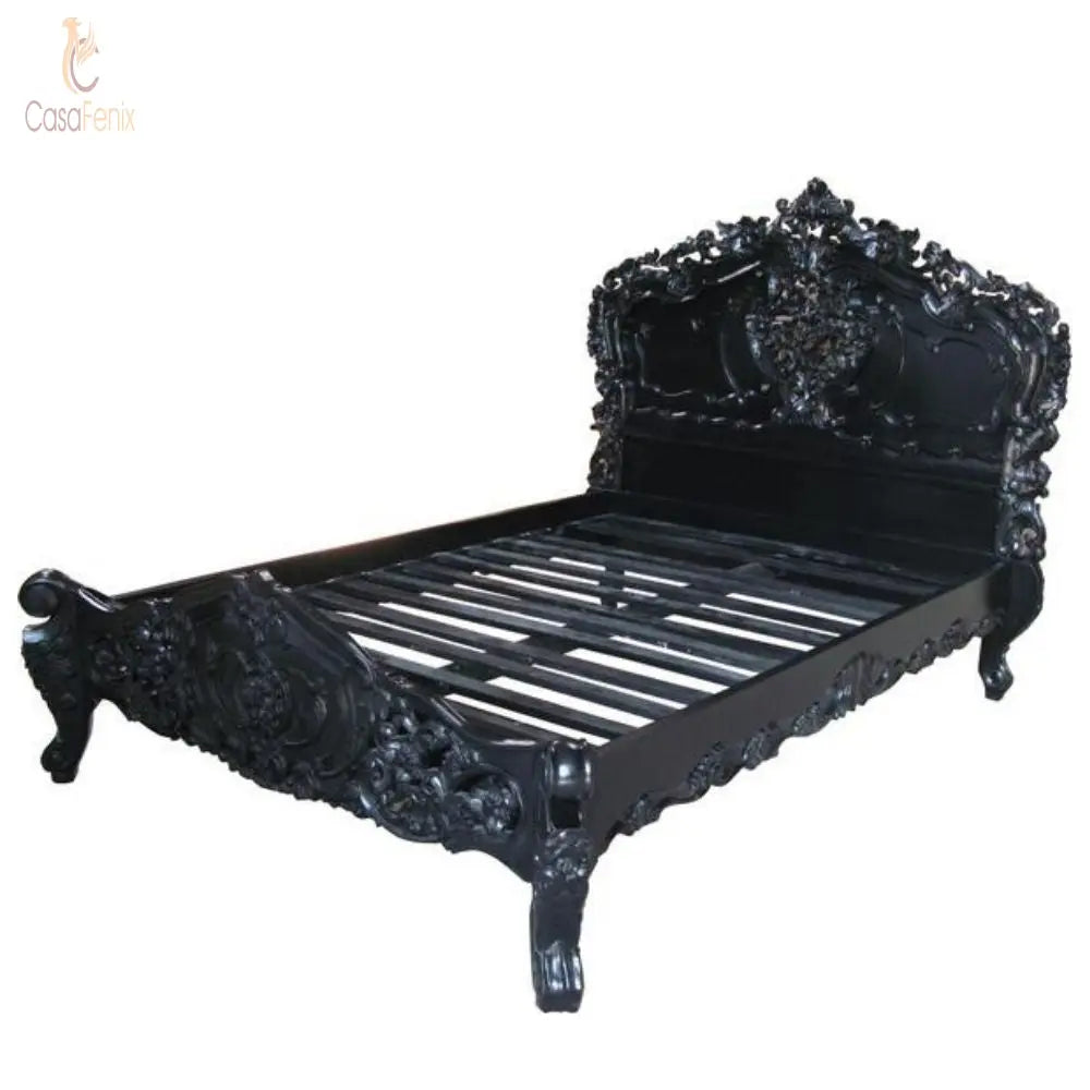 Low Foot Board Heavily Carved Rococo Style Bed Solid Mahogany - CasaFenix