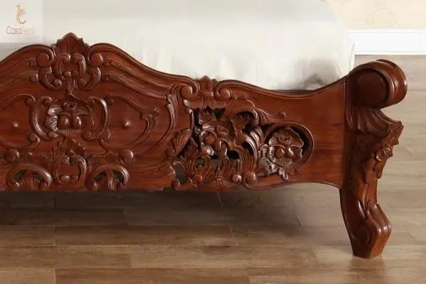 Low Foot Board Heavily Carved Rococo Style Bed Solid Mahogany - CasaFenix