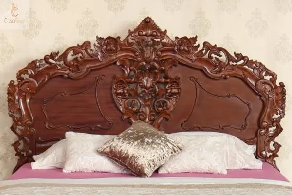 Low Foot Board Heavily Carved Rococo Style Bed Solid Mahogany - CasaFenix