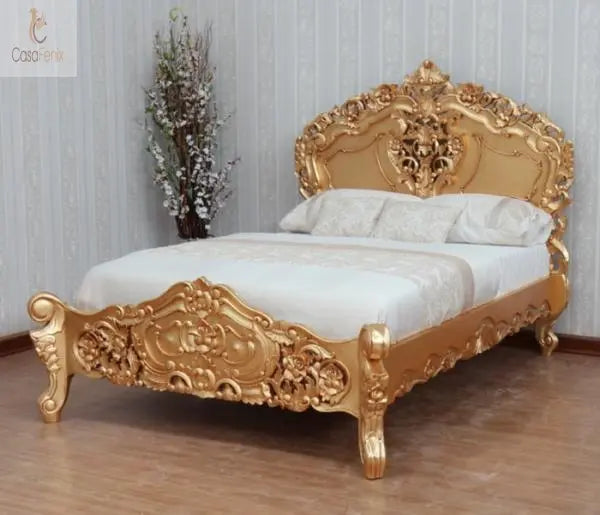 Low Foot Board Heavily Carved Rococo Style Bed Solid Mahogany - CasaFenix