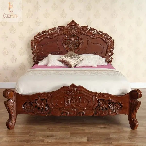 Low Foot Board Heavily Carved Rococo Style Bed Solid Mahogany - CasaFenix