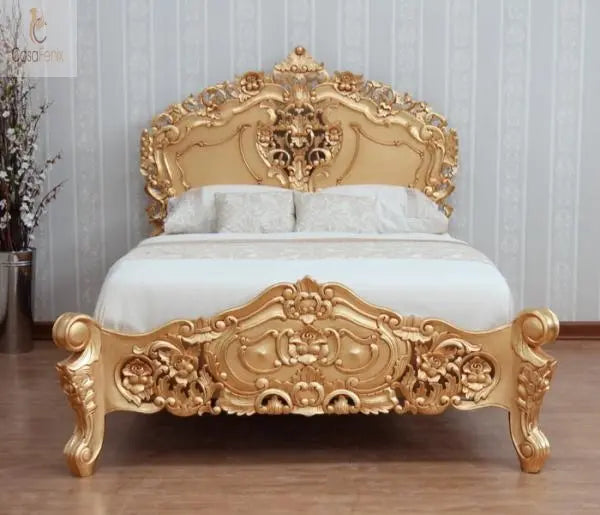 Low Foot Board Heavily Carved Rococo Style Bed Solid Mahogany - CasaFenix