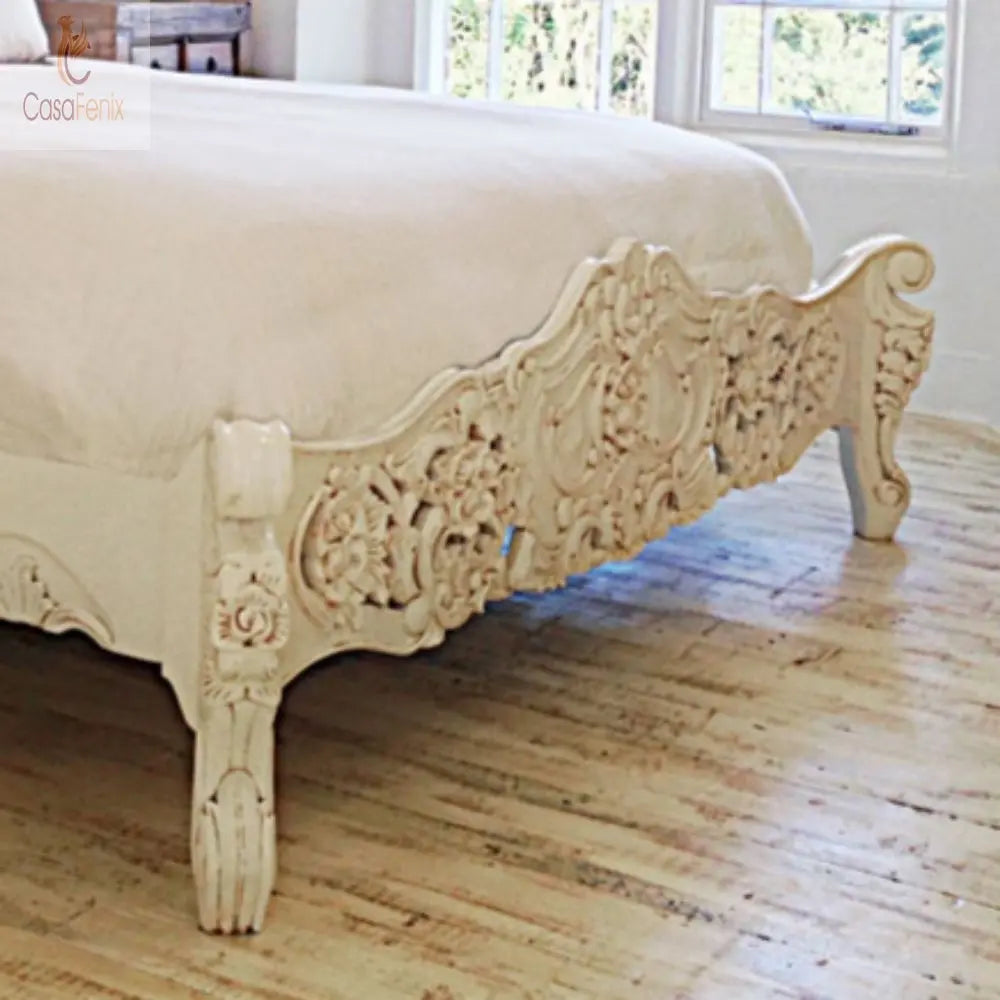 Low Foot Board Heavily Carved Rococo Style Bed Solid Mahogany - CasaFenix