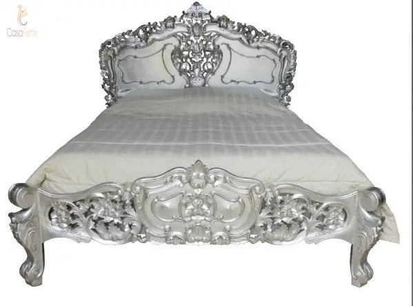 Low Foot Board Heavily Carved Rococo Style Bed Solid Mahogany - CasaFenix