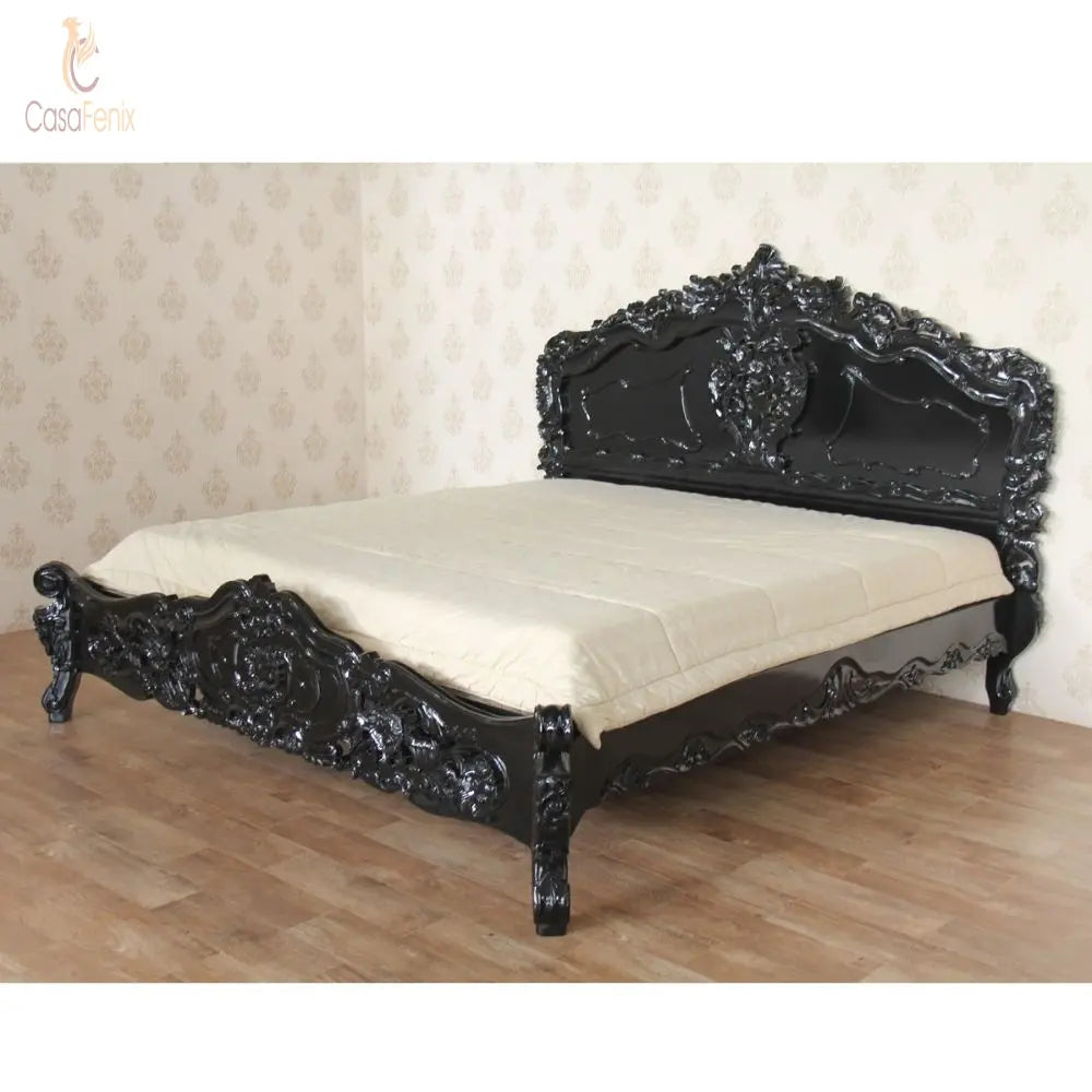 Low Foot Board Heavily Carved Rococo Style Bed Solid Mahogany - CasaFenix