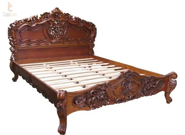 Low Foot Board Heavily Carved Rococo Style Bed Solid Mahogany - CasaFenix