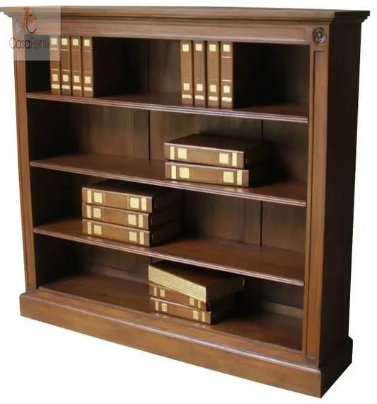 Low Wide Bookcase 3 Adjustable Shelves Solid Mahogany CasaFenix