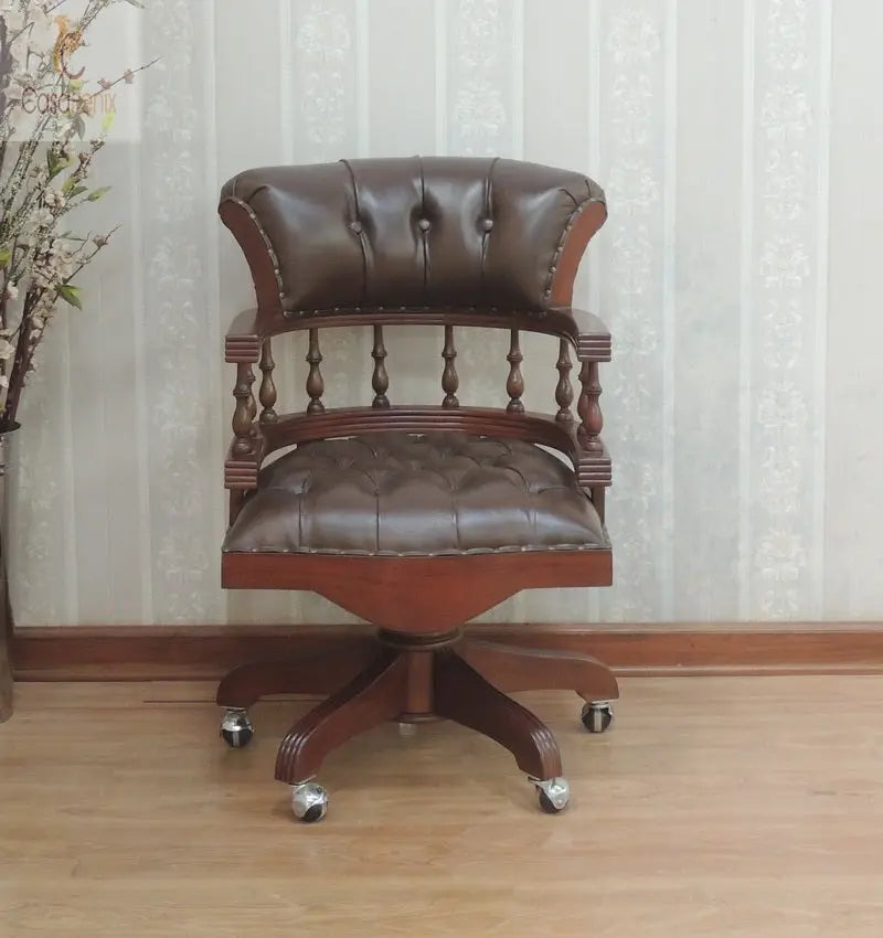 Mahogany & Leather Captains Swivel Chair - CasaFenix