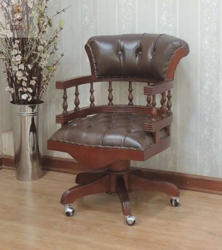 Mahogany & Leather Captains Swivel Chair - CasaFenix