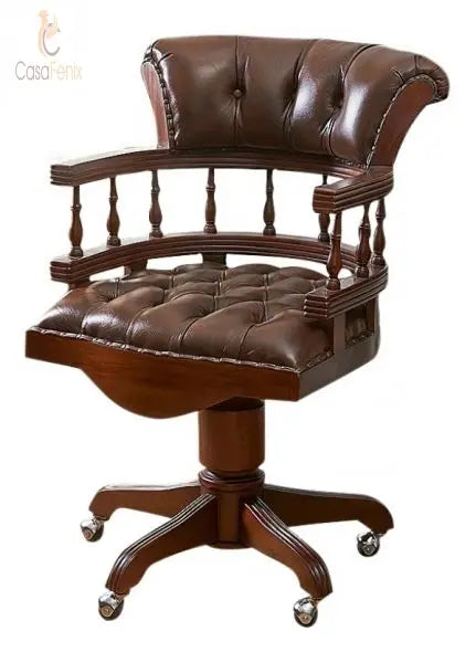 Mahogany & Leather Captains Swivel Chair - CasaFenix