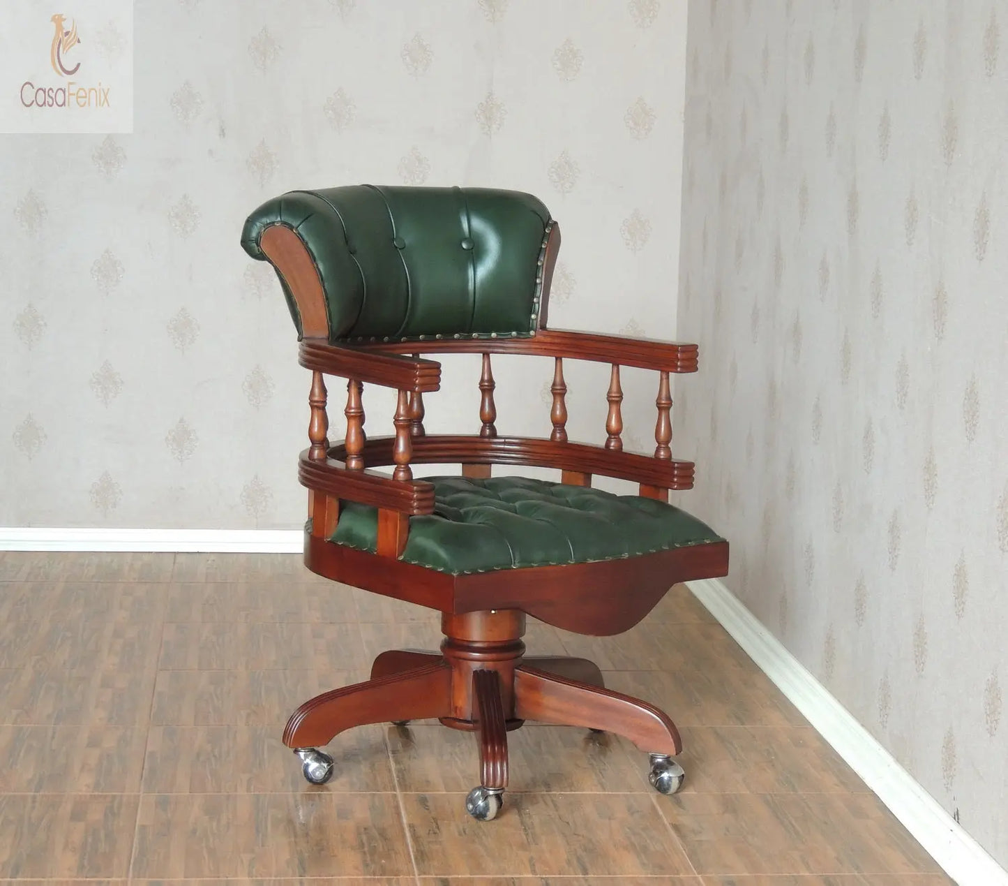 Mahogany & Leather Captains Swivel Chair - CasaFenix