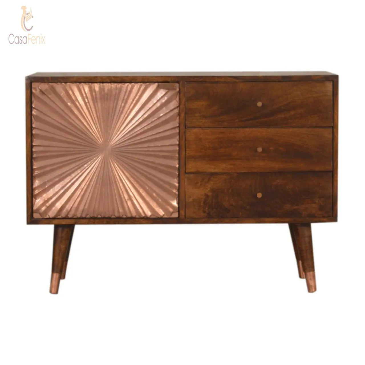 Manila Copper 3 Drawer 1 Metal Door Sideboard Chestnut finish Solid Mango Wood - CasaFenix