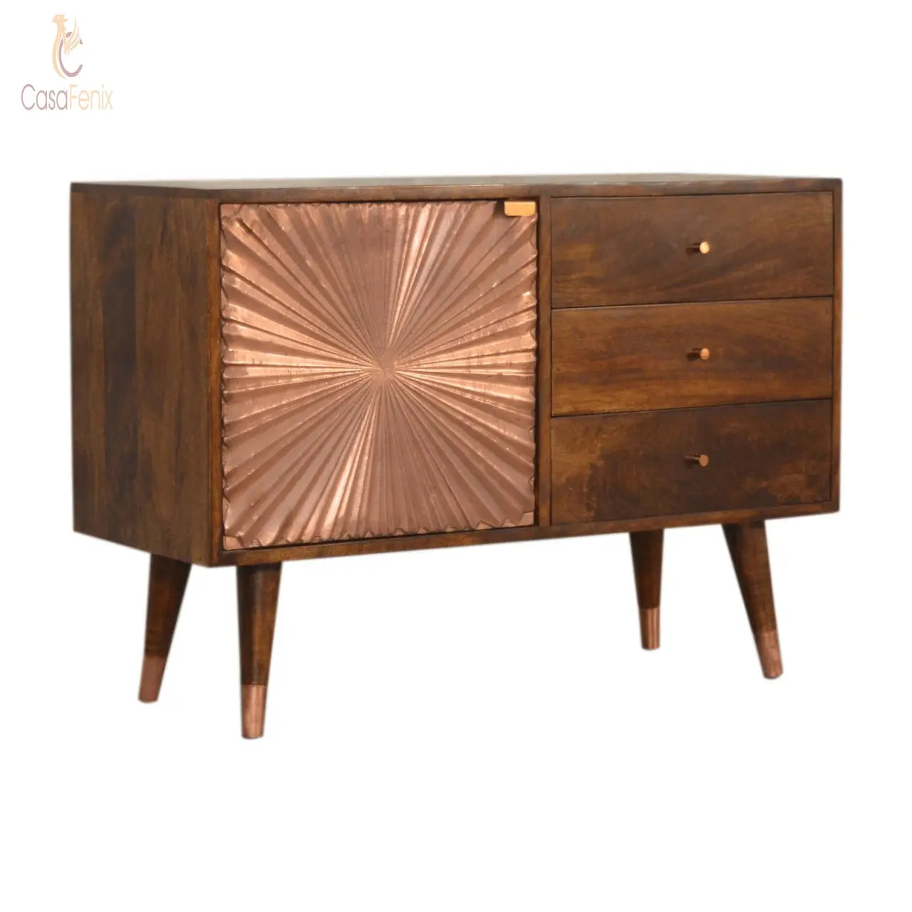 Manila Copper 3 Drawer 1 Metal Door Sideboard Chestnut finish Solid Mango Wood - CasaFenix