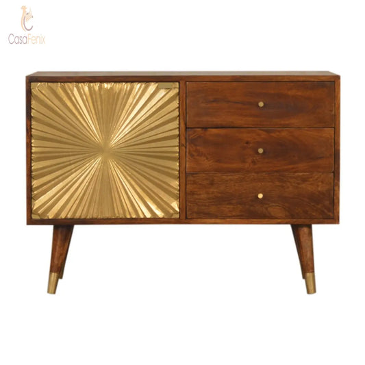 Manila Gold Sideboard Metal Cupboard Door 3 Drawers Solid Mango Wood - CasaFenix