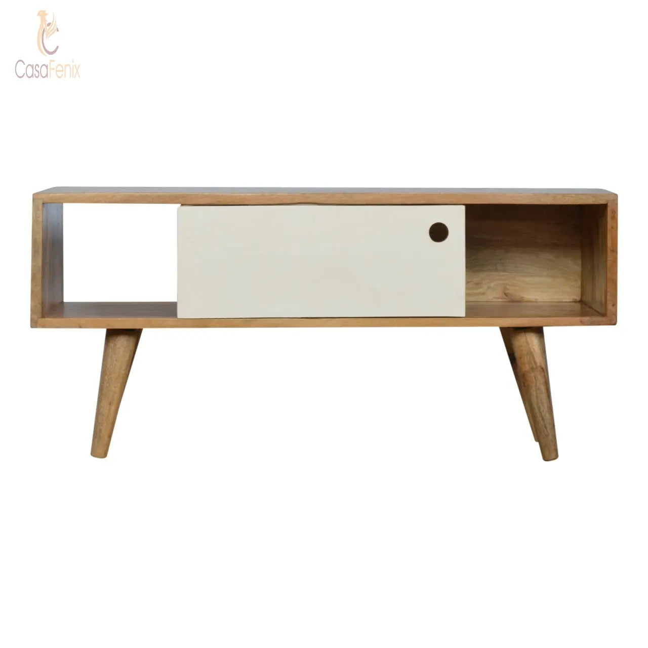 Media Unit with White Painted Sliding Door Oak-Ish Finish - CasaFenix