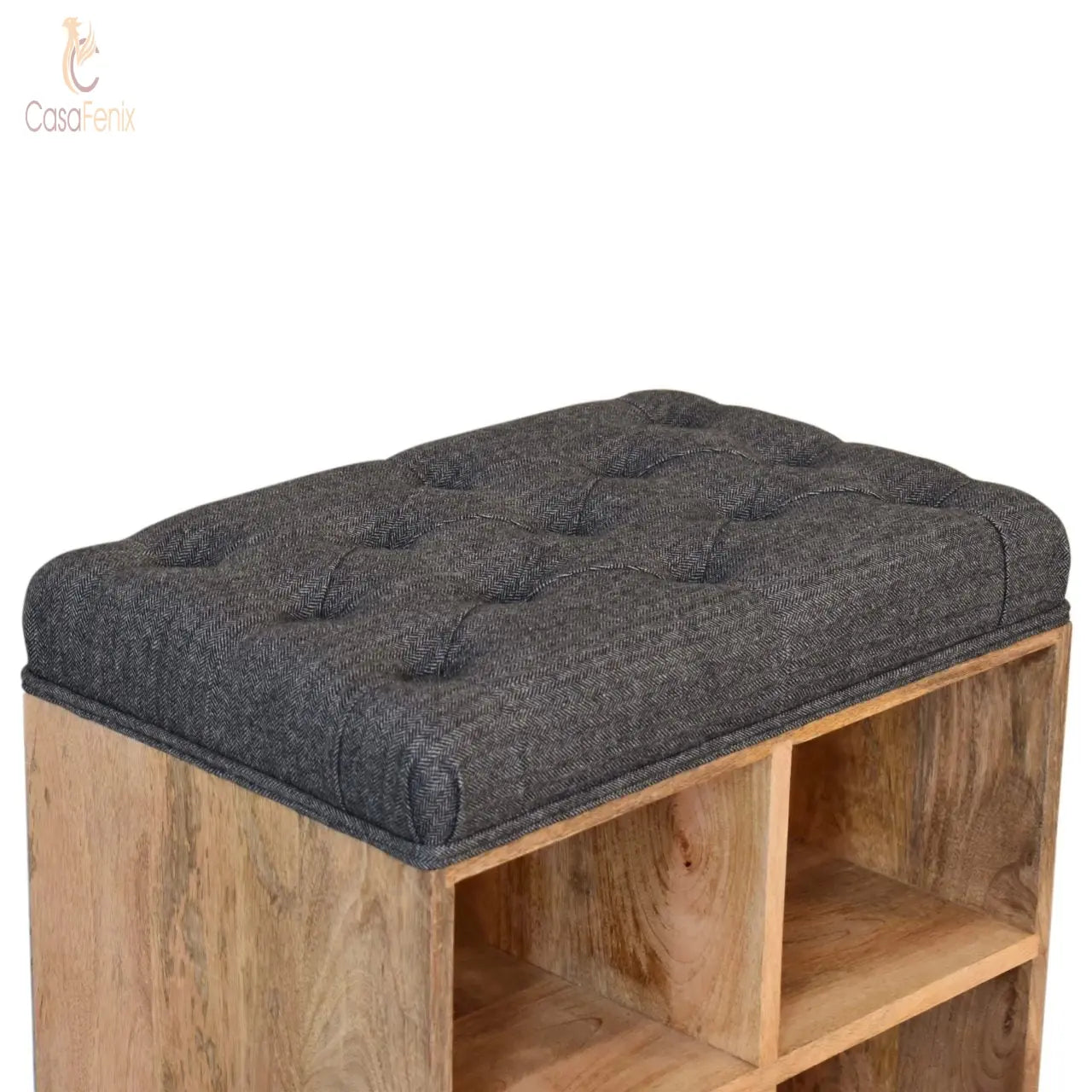 Mini Black Shoe Storage Footstool Upholstered Solid Mango Wood - CasaFenix