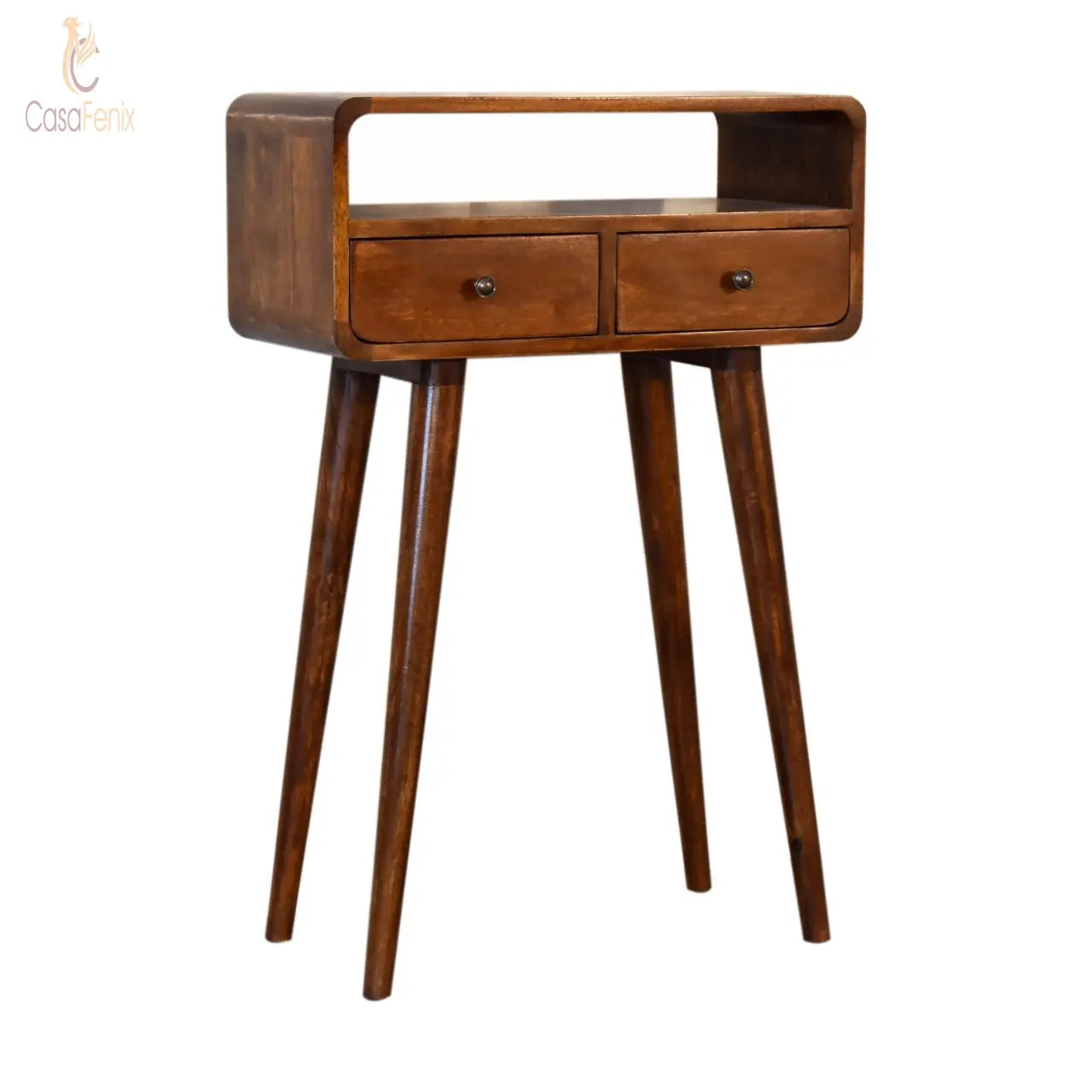 Mini Chestnut Curved Console Table 2 Drawers Nordic Style Solid Mango Wood - CasaFenix