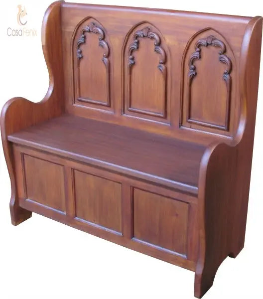 Solid Mahogany Gothic Settle / Monks Bench Lift Up Seat - CasaFenix