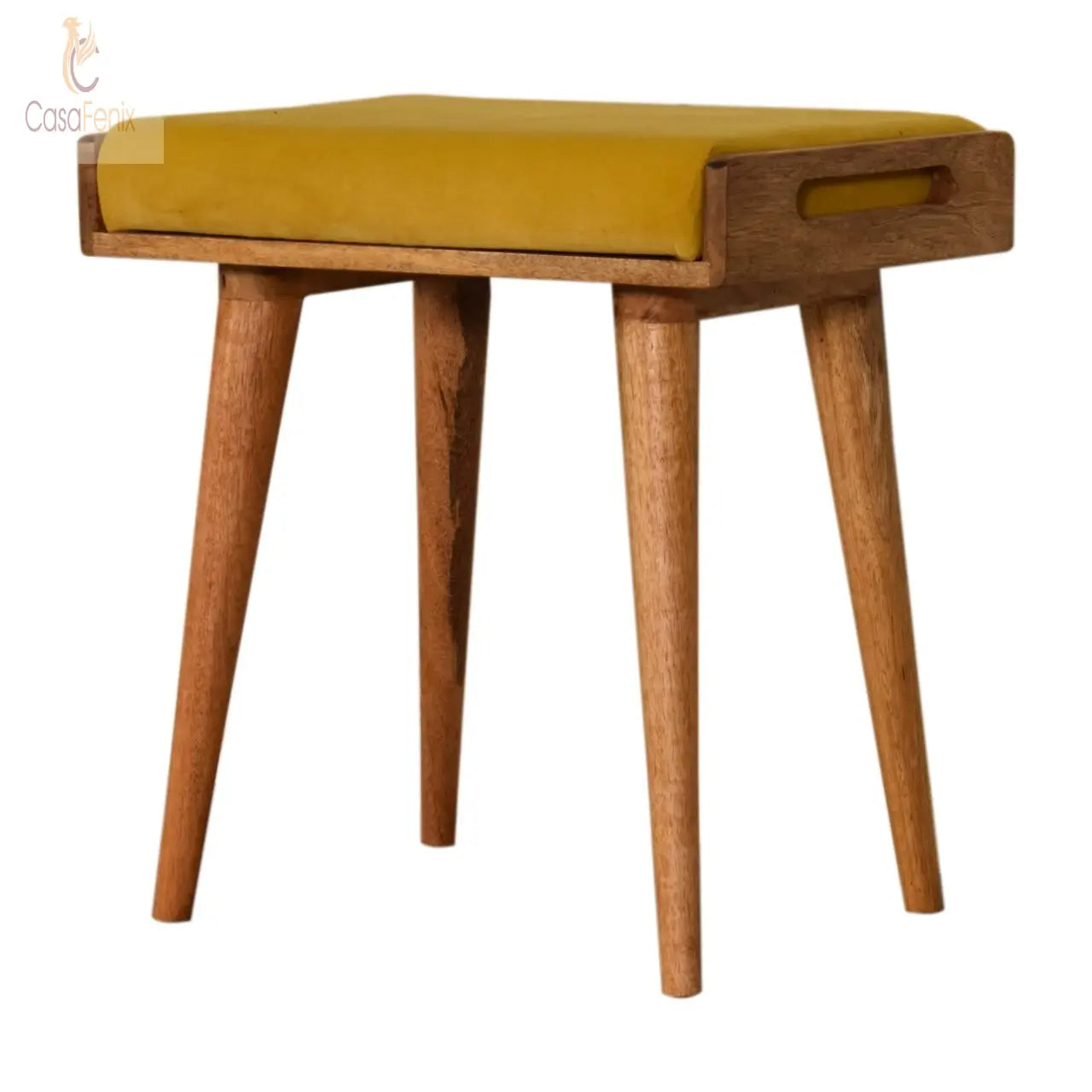 Mustard Velvet Tray Nordic Style Footstool Solid Mango Wood - CasaFenix