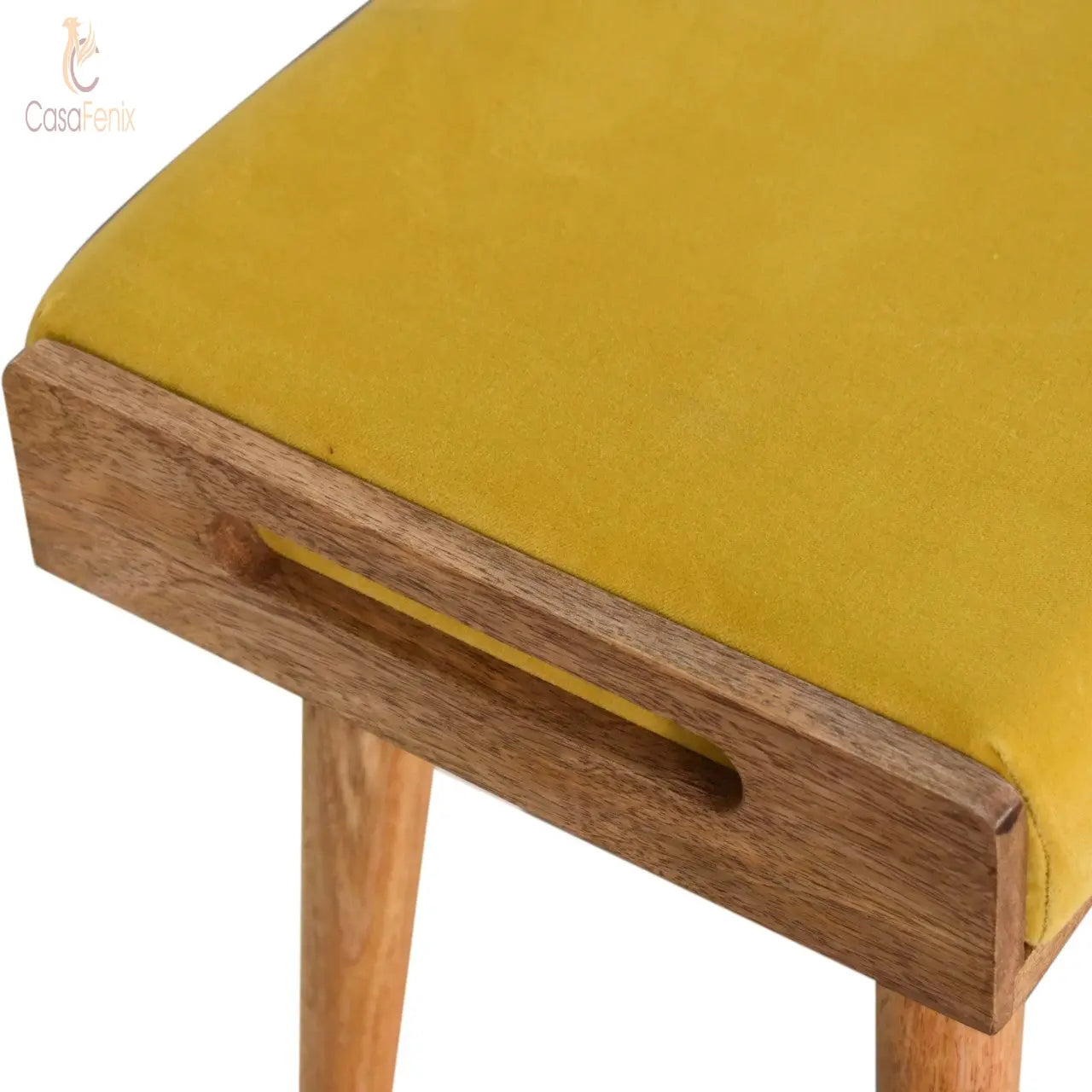 Mustard Velvet Tray Nordic Style Footstool Solid Mango Wood - CasaFenix