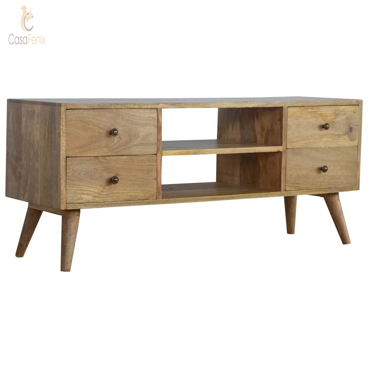 Nordic 4 Drawer Entertainment Unit 100% solid mango wood and has a fine oak-ish finis - CasaFenix