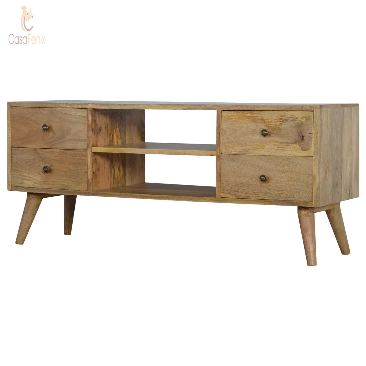 Nordic 4 Drawer Entertainment Unit 100% solid mango wood and has a fine oak-ish finis - CasaFenix