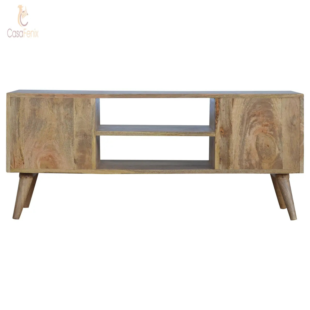 Nordic 4 Drawer Entertainment Unit 100% solid mango wood and has a fine oak-ish finis - CasaFenix