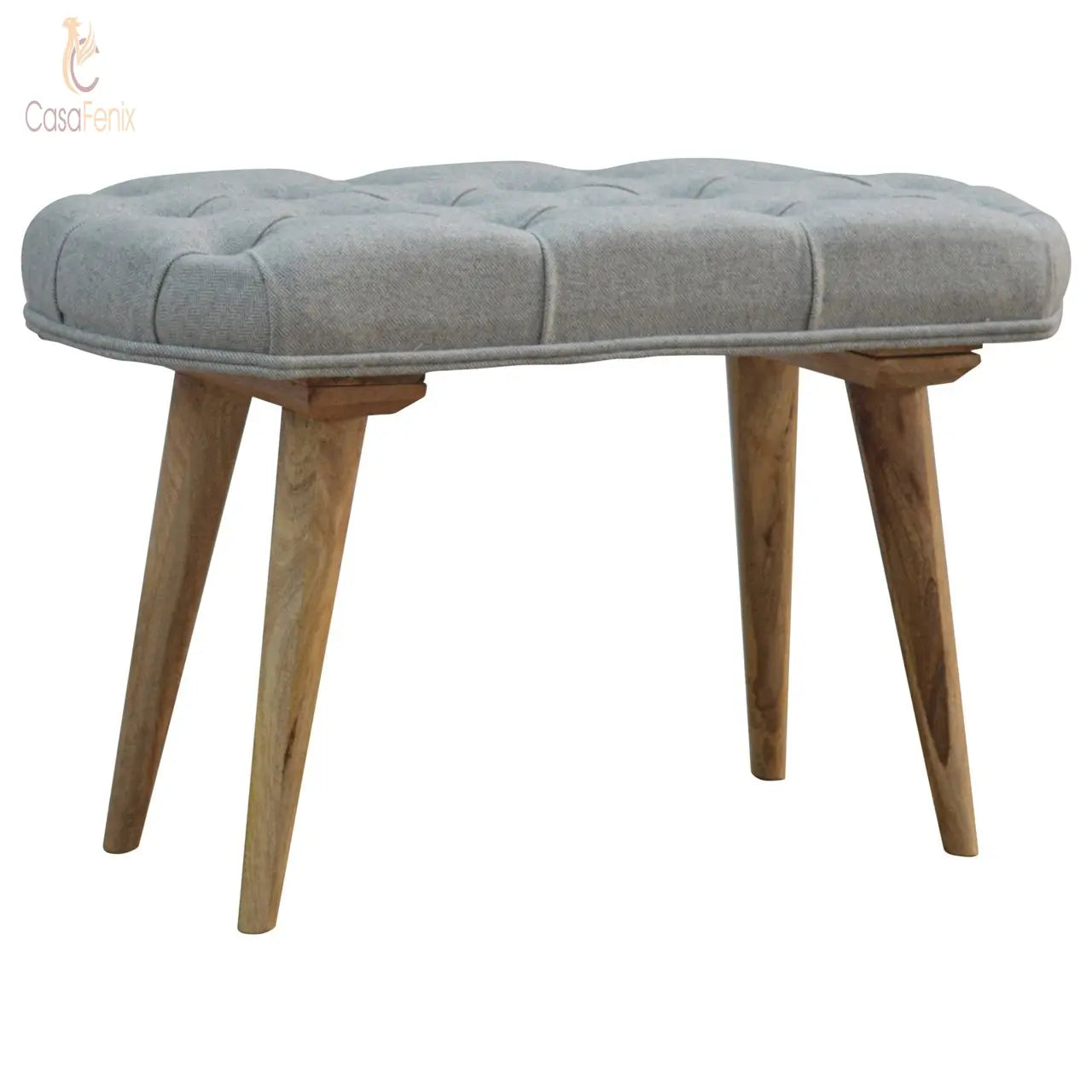 Nordic Style Bench with Deep Upholstered Buttoned Grey Tweed Top - CasaFenix