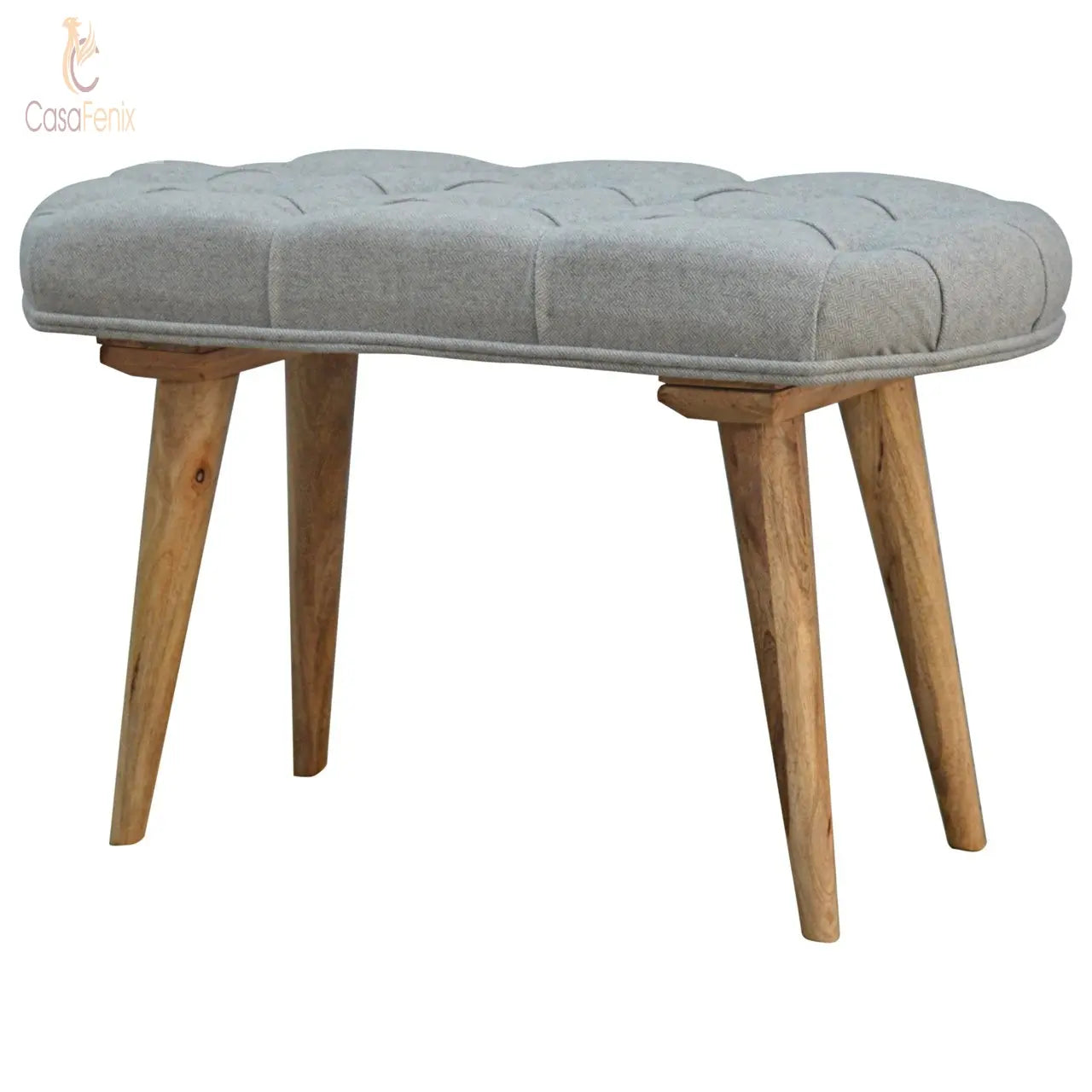 Nordic Style Bench with Deep Upholstered Buttoned Grey Tweed Top - CasaFenix