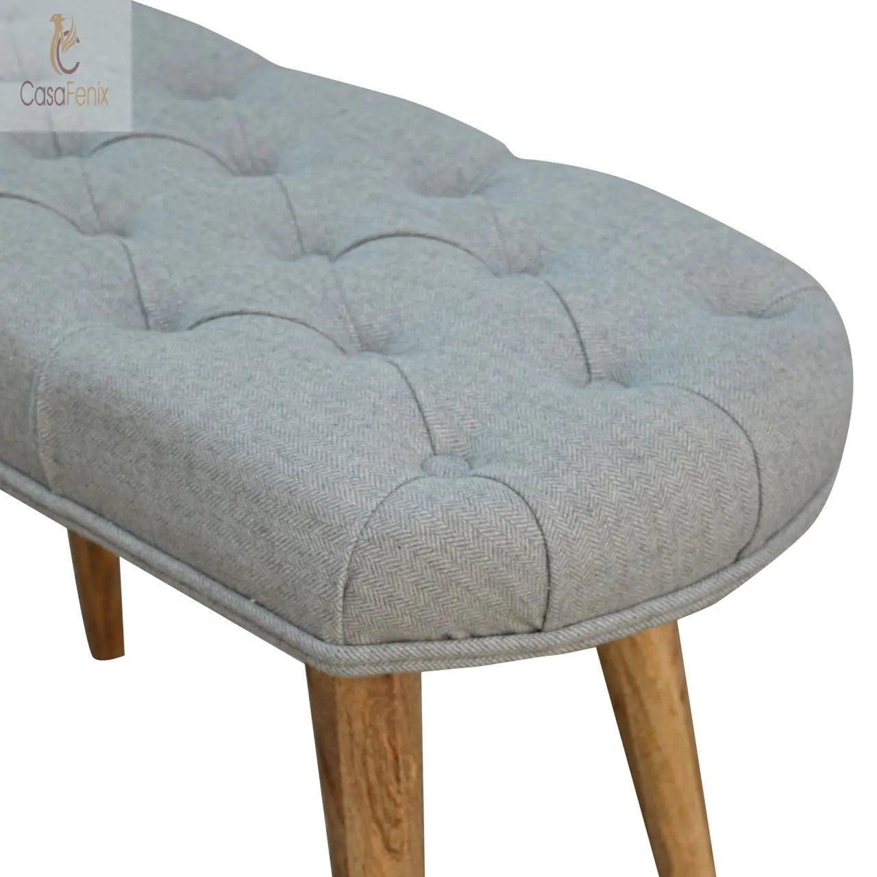 Nordic Style Bench with Deep Upholstered Buttoned Grey Tweed Top - CasaFenix