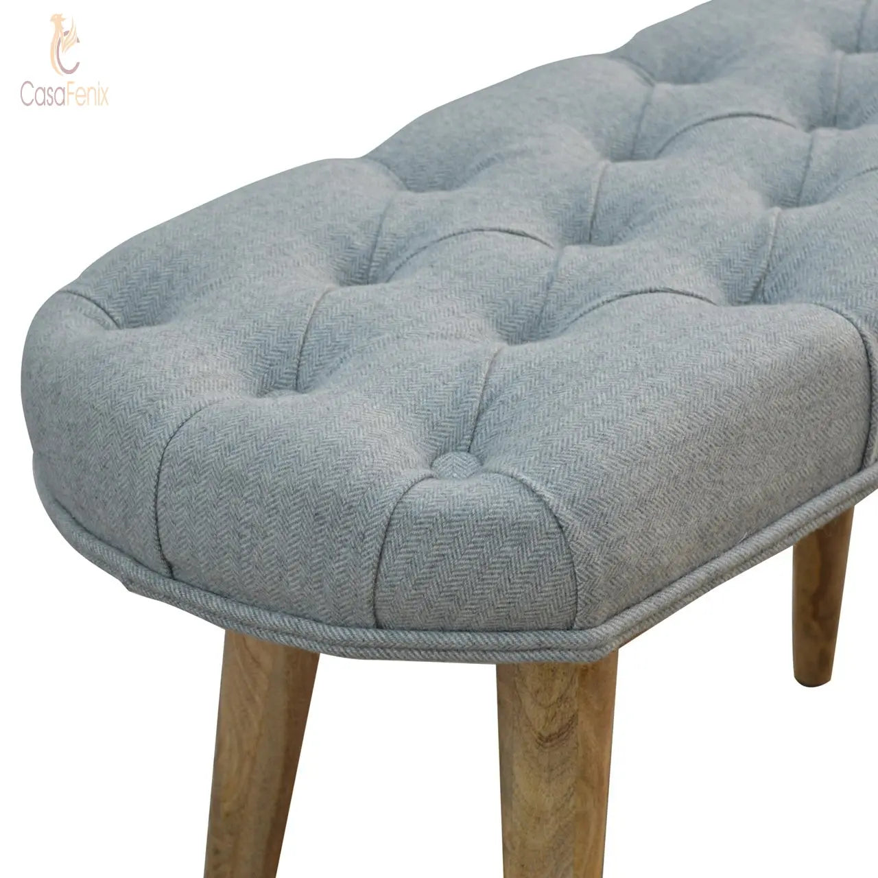 Nordic Style Bench with Deep Upholstered Buttoned Grey Tweed Top - CasaFenix