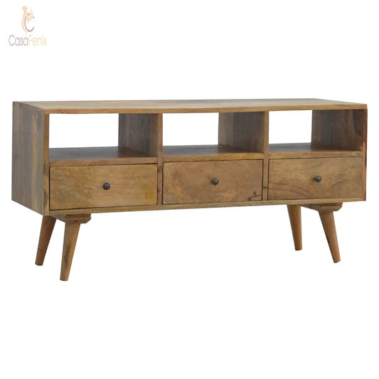 Nordic Style TV Unit with 3 Drawers 100% solid mango wood, in a fine oak-ish finish - CasaFenix