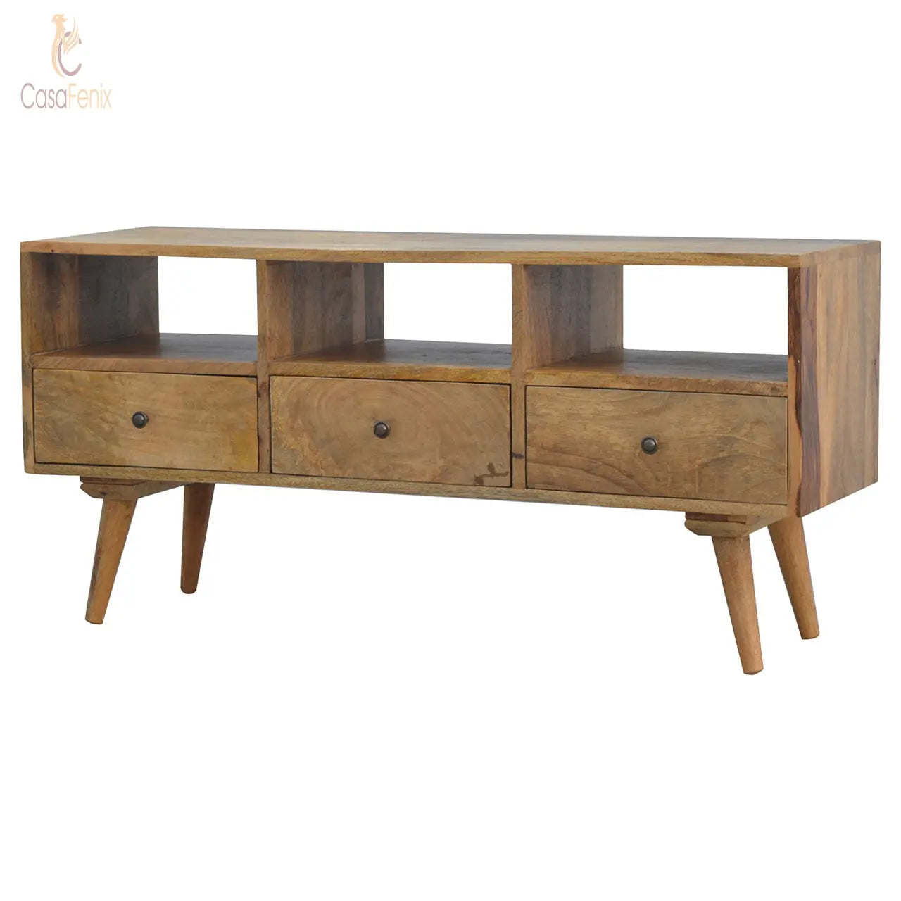 Nordic Style TV Unit with 3 Drawers 100% solid mango wood, in a fine oak-ish finish - CasaFenix