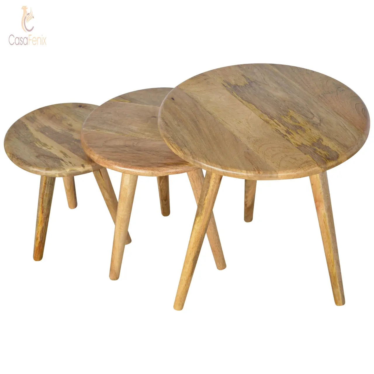 Oak-ish Nordic 3 Nesting Stools 100% Solid Mango Wood - CasaFenix