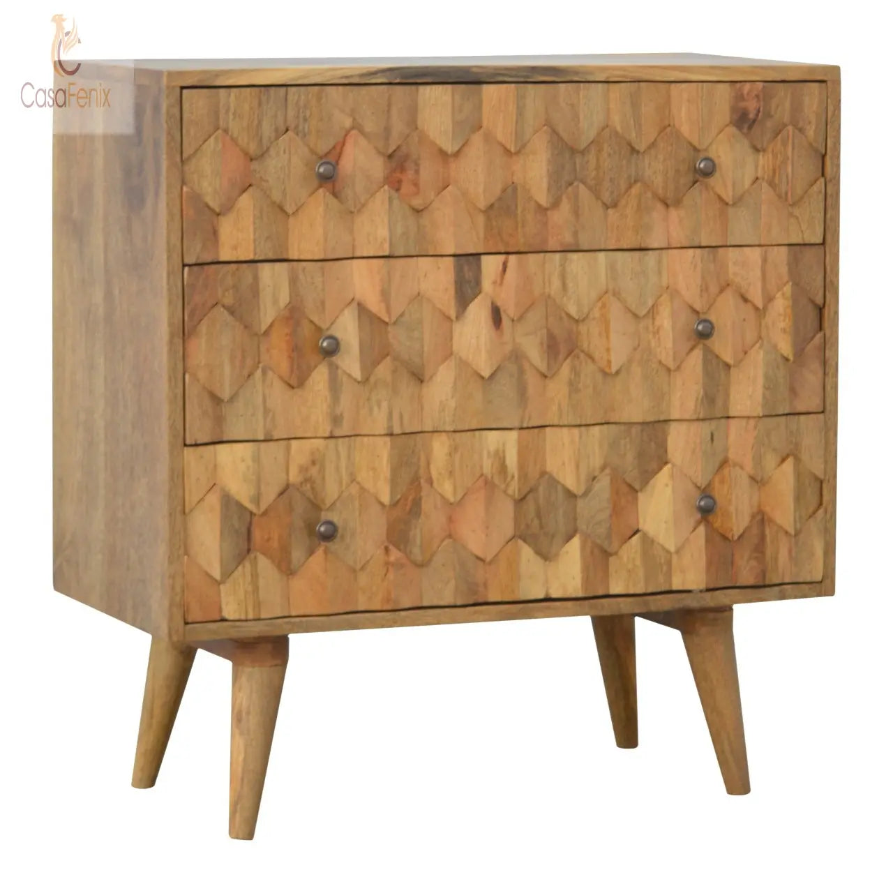 Pineapple Carved 3 Drawer Chest Nordic Style Oak-ish Finish - CasaFenix