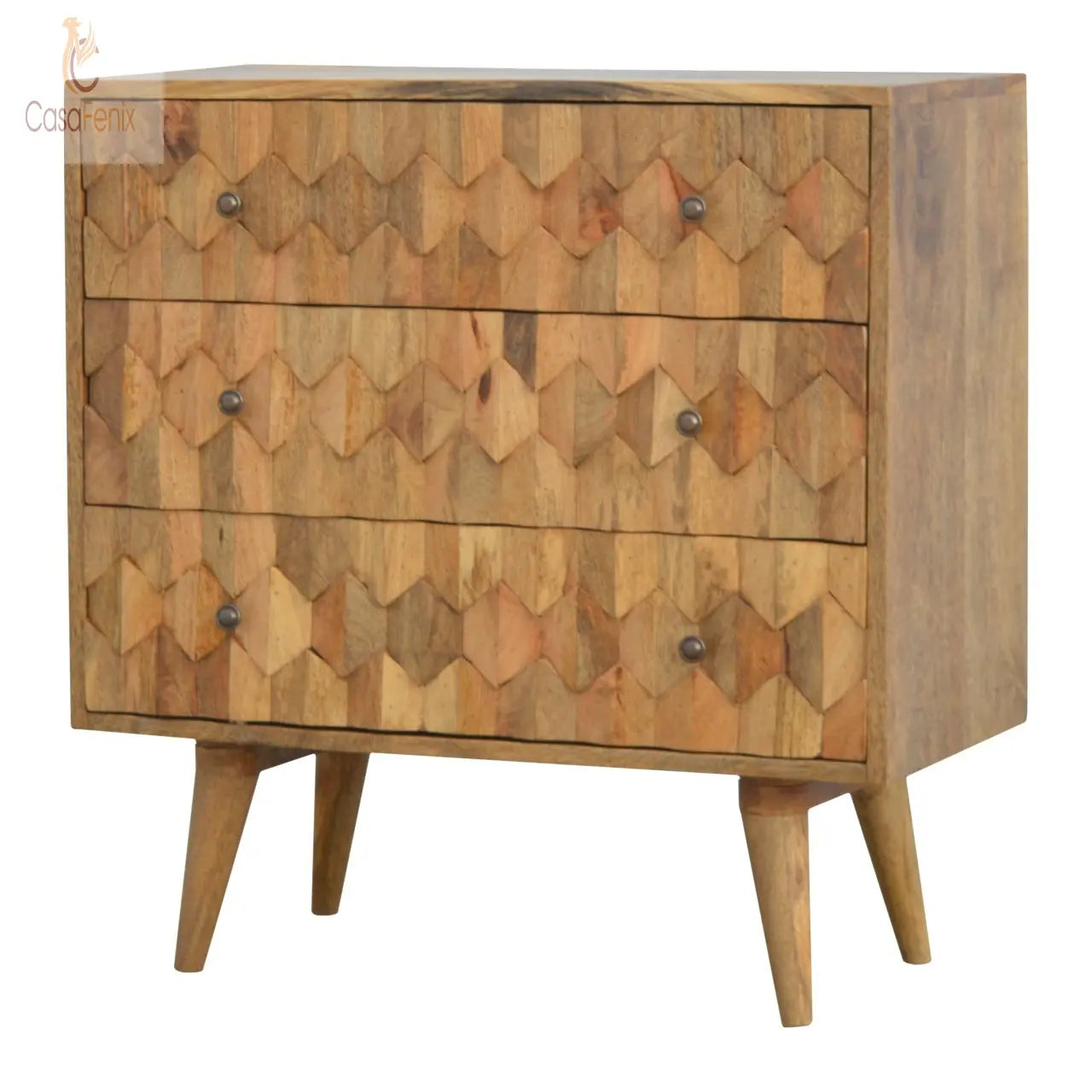 Pineapple Carved 3 Drawer Chest Nordic Style Oak-ish Finish - CasaFenix