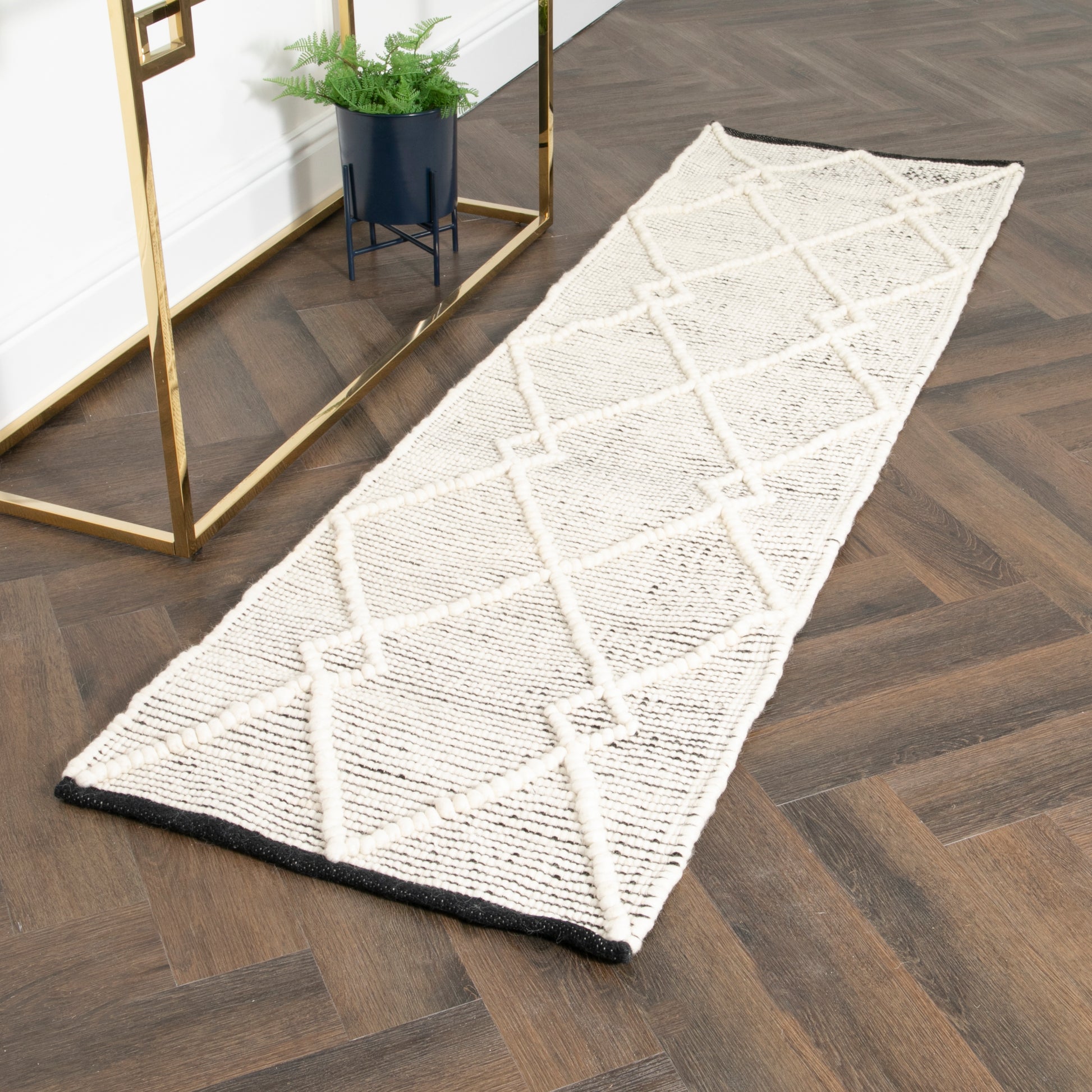 Cream & Black Diamond Pattern Runner Wool Rug (60 x 230cm) Rugs CasaFenix