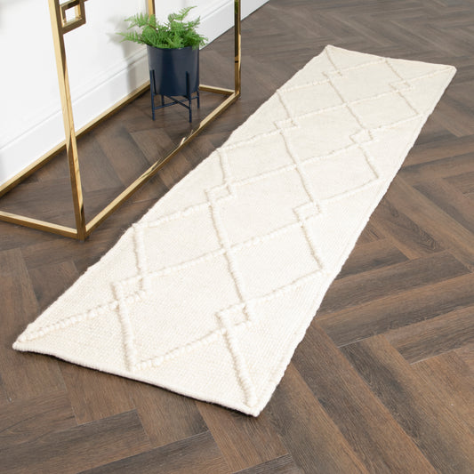 Cream Diamond Pattern Runner Wool Rug (60 x 230cm) Rugs CasaFenix