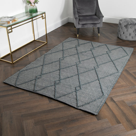 Grey Diamond Pattern Large Wool Rug 160 x 230cm Rugs CasaFenix