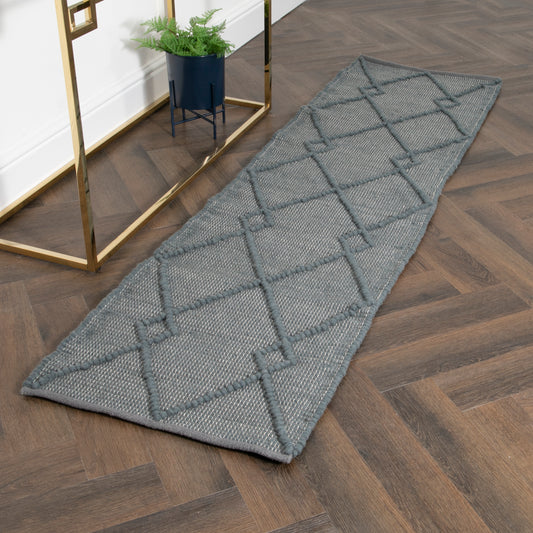 Grey Diamond Pattern Runner Wool Rug (60 x 230cm) Rugs CasaFenix