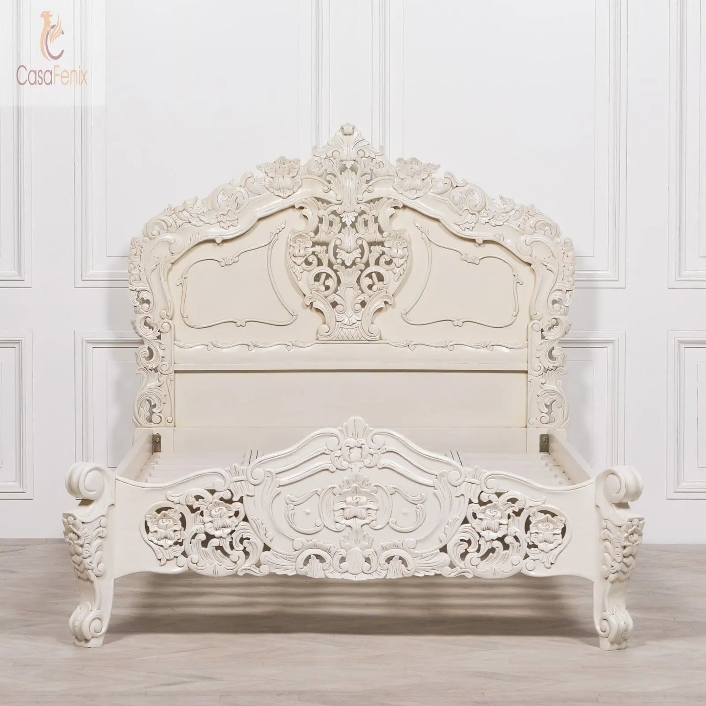 Rococo 4ft6 Double Size Carved Bed Off White Paint Finish - CasaFenix