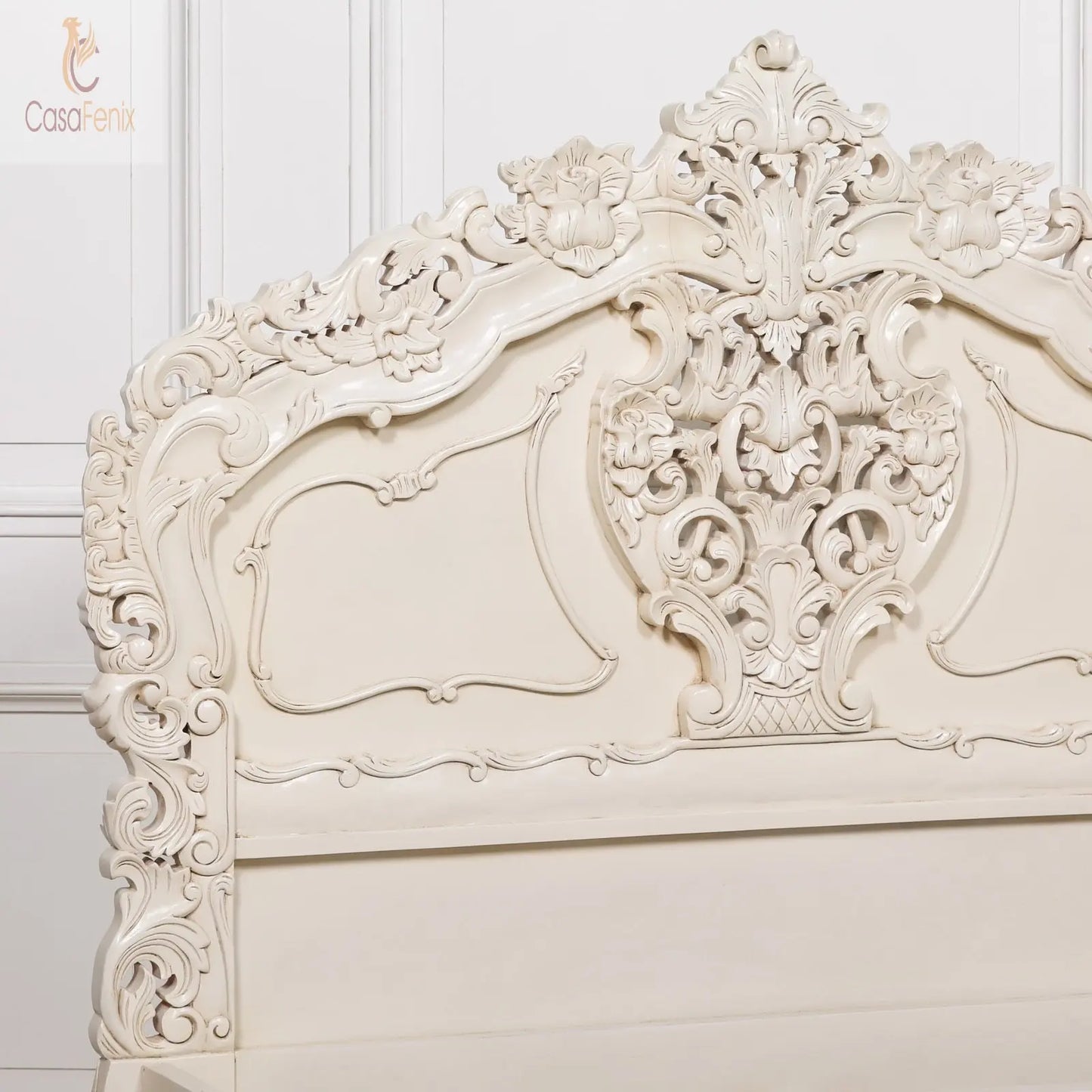 Rococo 4ft6 Double Size Carved Bed Off White Paint Finish - CasaFenix