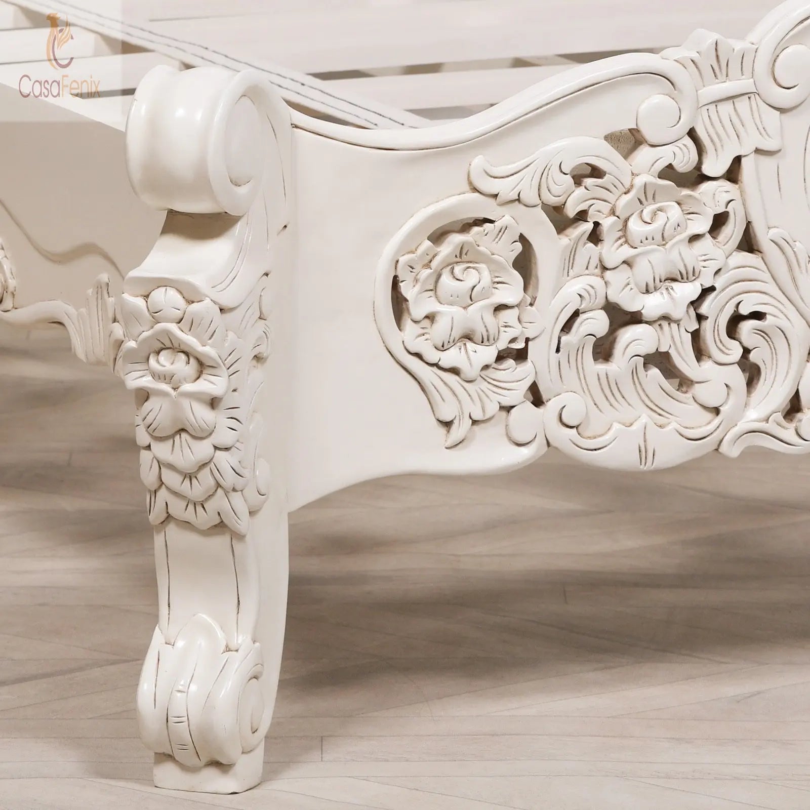 Rococo 4ft6 Double Size Carved Bed Off White Paint Finish - CasaFenix